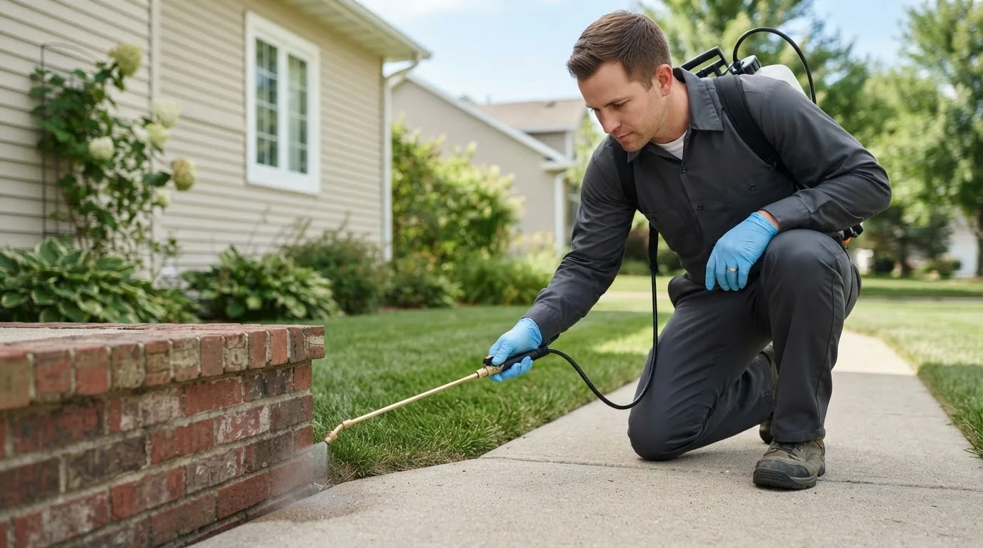 Pest control technician treating a home near Harborcreek, PA